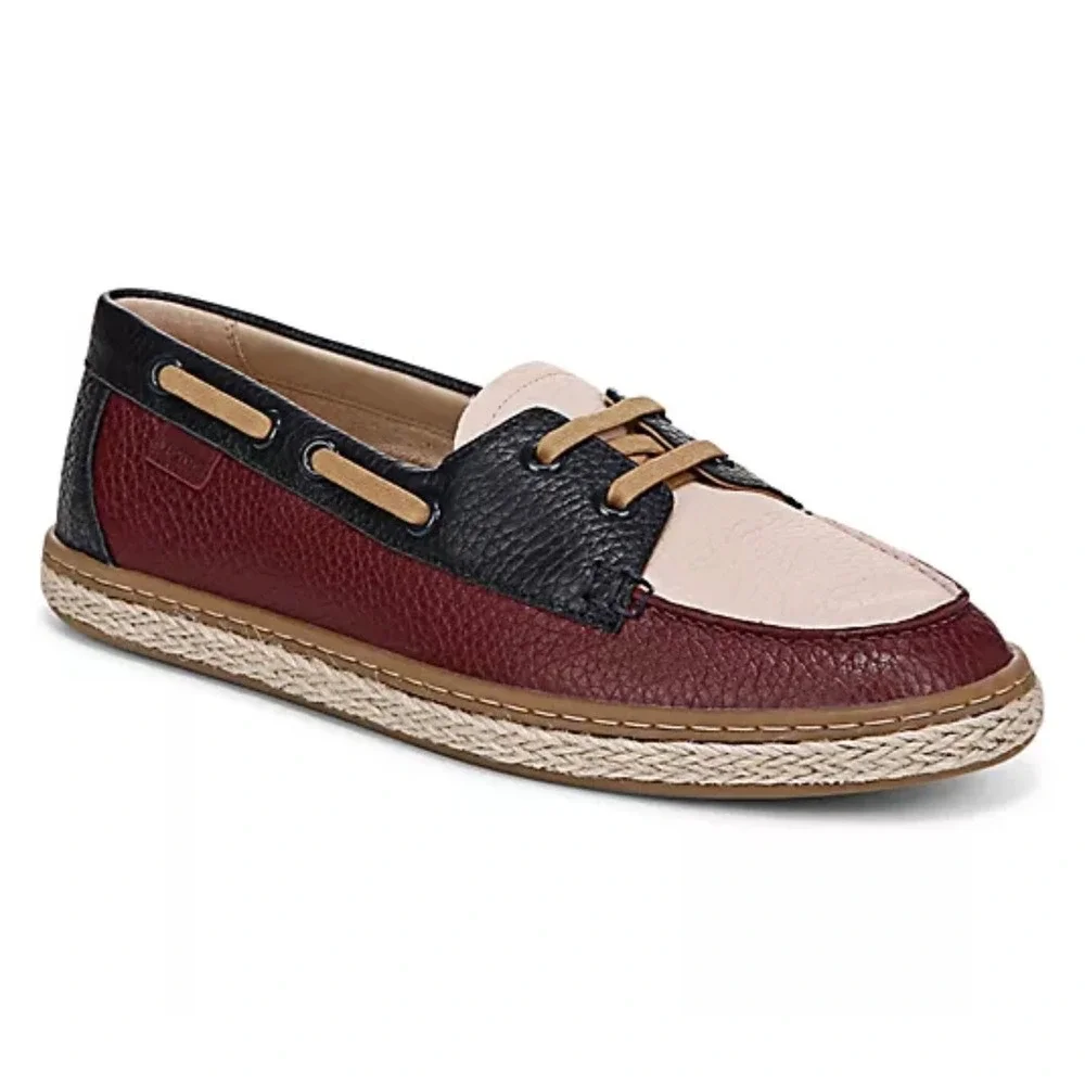 Vionic Bay Boat Shoes Womens 9.5 Navy Burgundy Leather Colorblock Loafers